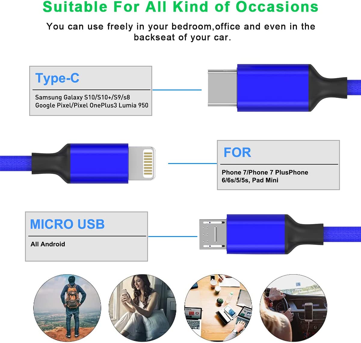 Allkei Multi 3 in 1 USB IPhone Charging Cable Nylon Braided Universal Phone Charger Cord USB C Micro USB Lightning Connector Adapter