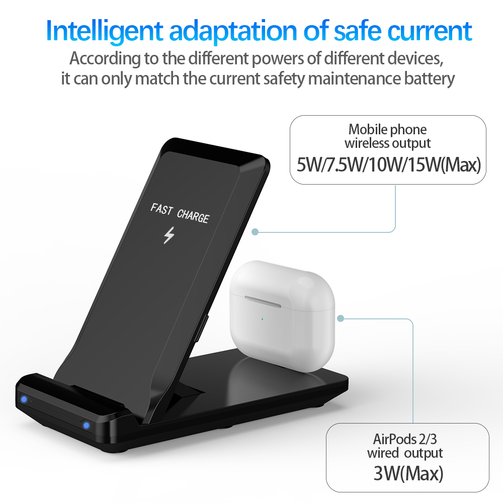Allkei H16 5V/2A 9V/2A 12V/2A Custom Logo PC Fireproof Material 15w Two in One Qi As Phone Holder Fast Wireless Station Phone Charger