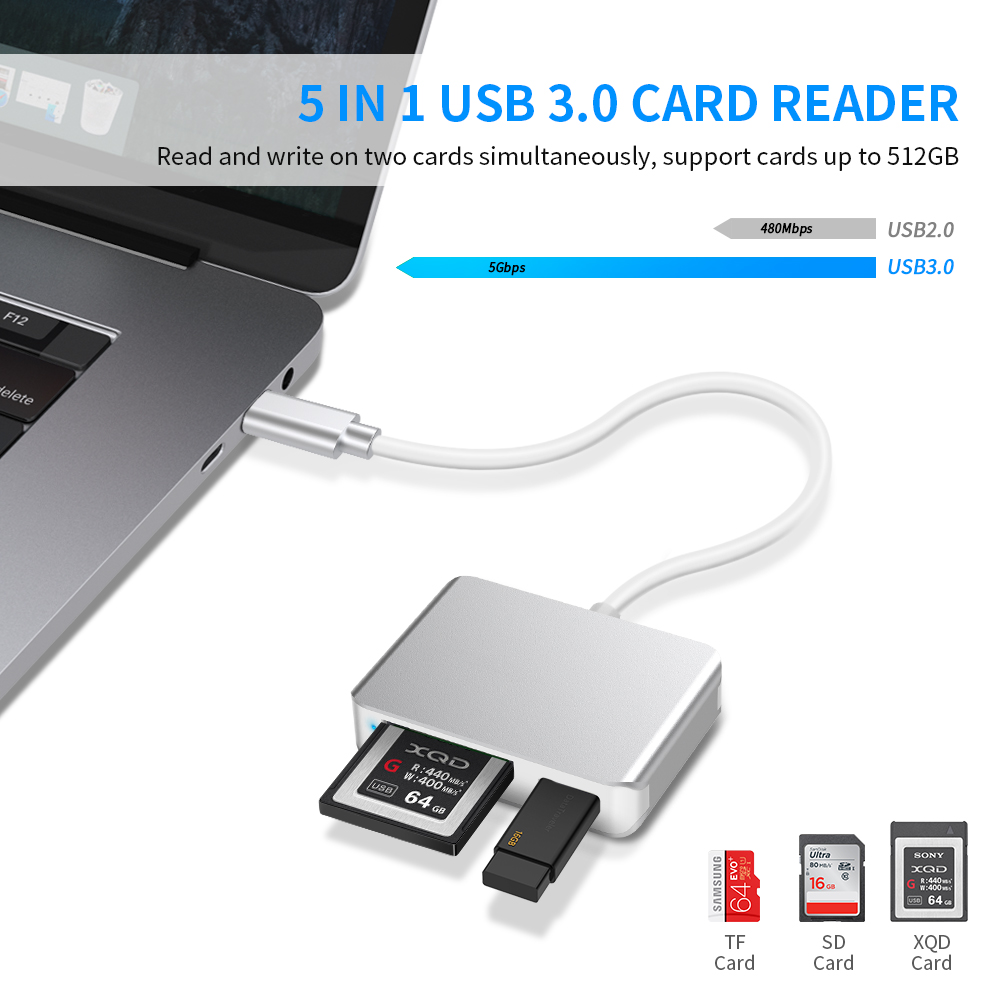 Super Speed Multi USB 3.0 SD/TF/ XQD Card Reader Adapter 2 Ports USB 3.0 Hub Adaptor XQD SD TF Card Reader for Sony