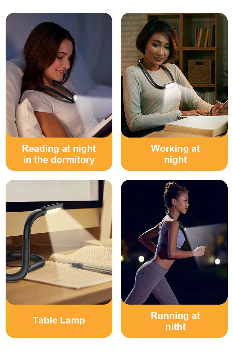 Portable USB Rechargeable Flexible Arms Book Lamp LED Neck Hunging Hands Free Reading Light 