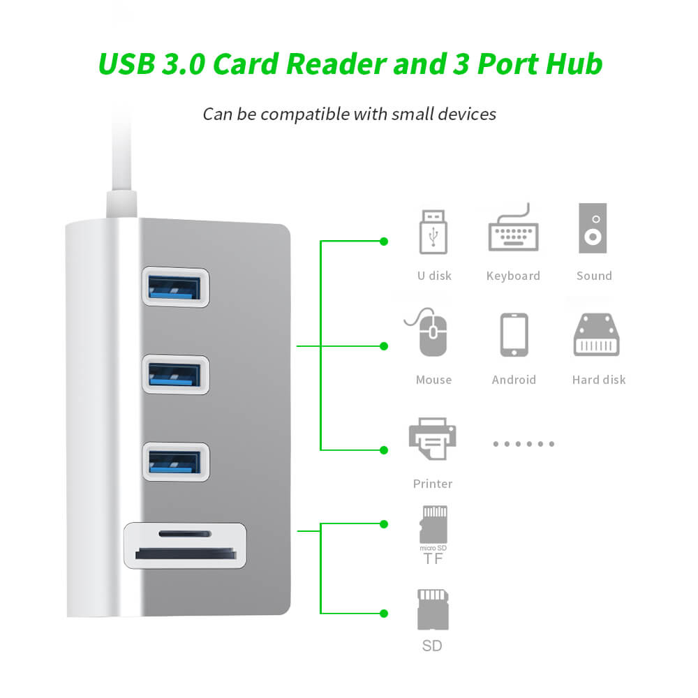Free Shipping Premium Aluminum SD TF Card Reader 3port USB3.0 Hub for IM Ac Portable Aluminum 3 Ports USB 3.0 Hub Docking Station with 2-Slot Card Reader