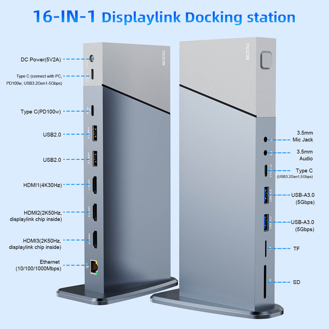 Desktop Multifunctional Displaylink Type C Docking Station Tripple Displays for Windows MAC Linux